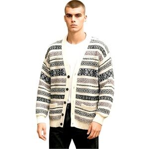 Vintage 80s Knit Cardigan Sweater Cream Patterned Sz L Relaxed V Neck Grandpa